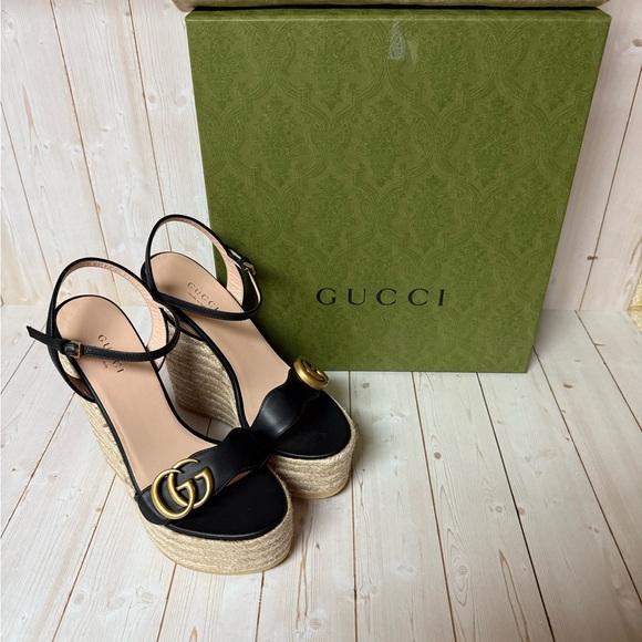 Gucci Nappa Matelasse GG Marmont Platform Espadrille Wedges Black Sz 35 / 5 - Picture 2 of 11